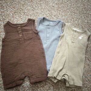 Set of Three Sleeveless Baby Rompers - Brown, Gray, Tan
